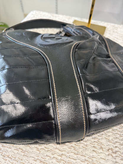 GUCCI BLACK PATENT LEATHER SNOW GLAM MEDIUM HOBO BAG