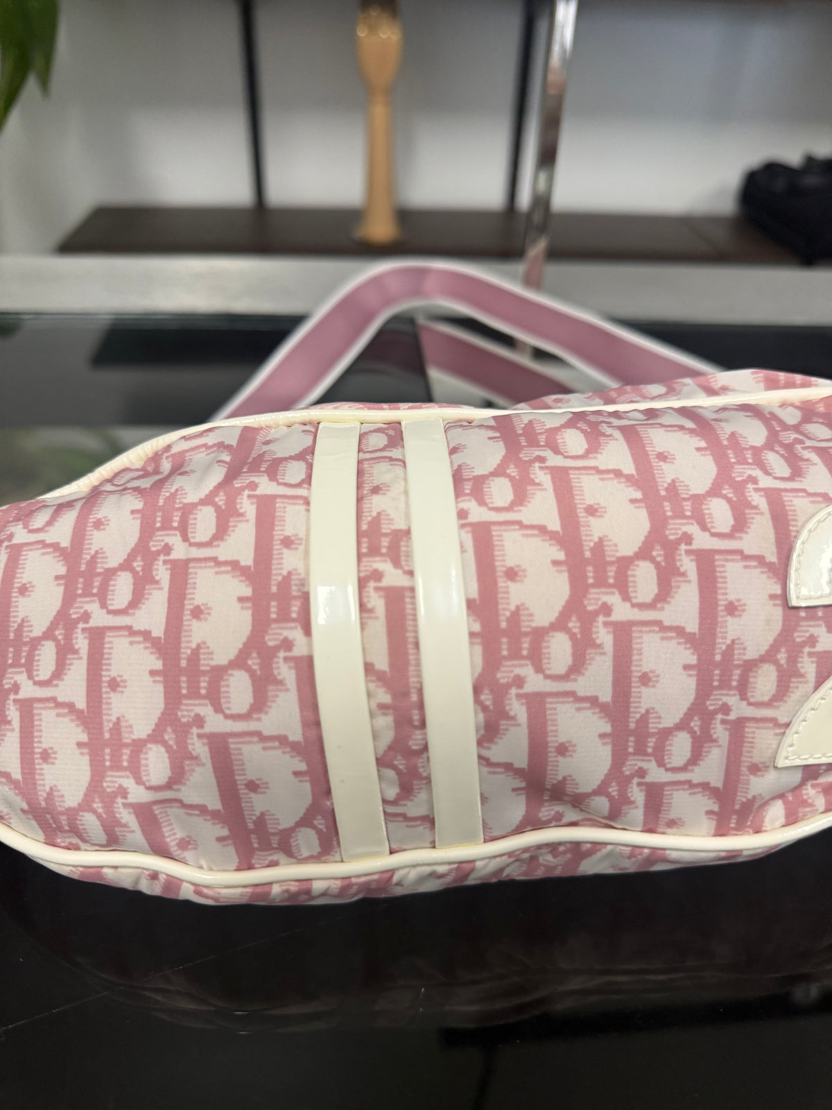 Vintage Christian Dior Trotter Pink and Cream Nylon Patent Leather Belt Bum Bag