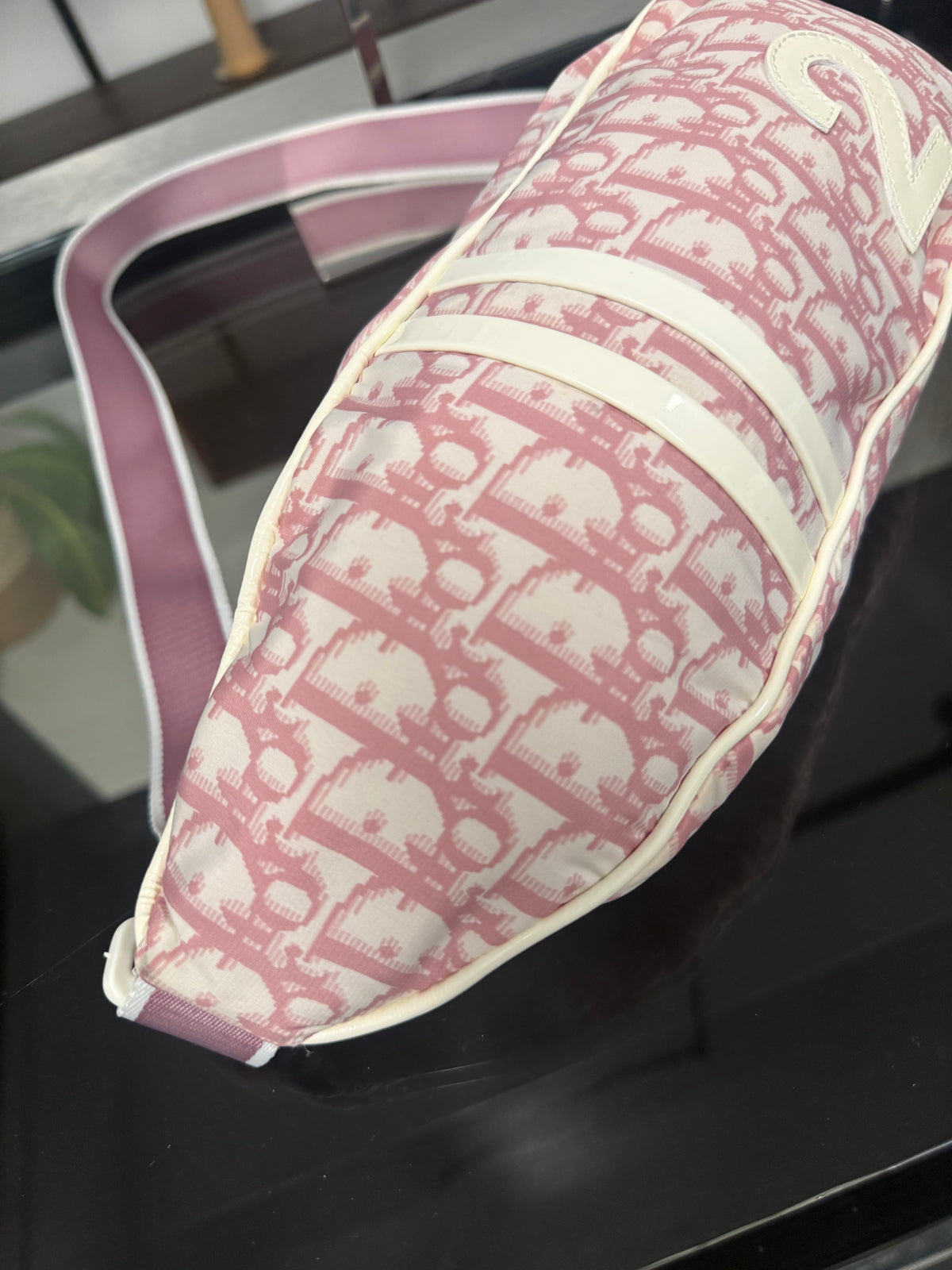 Vintage Christian Dior Trotter Pink and Cream Nylon Patent Leather Belt Bum Bag