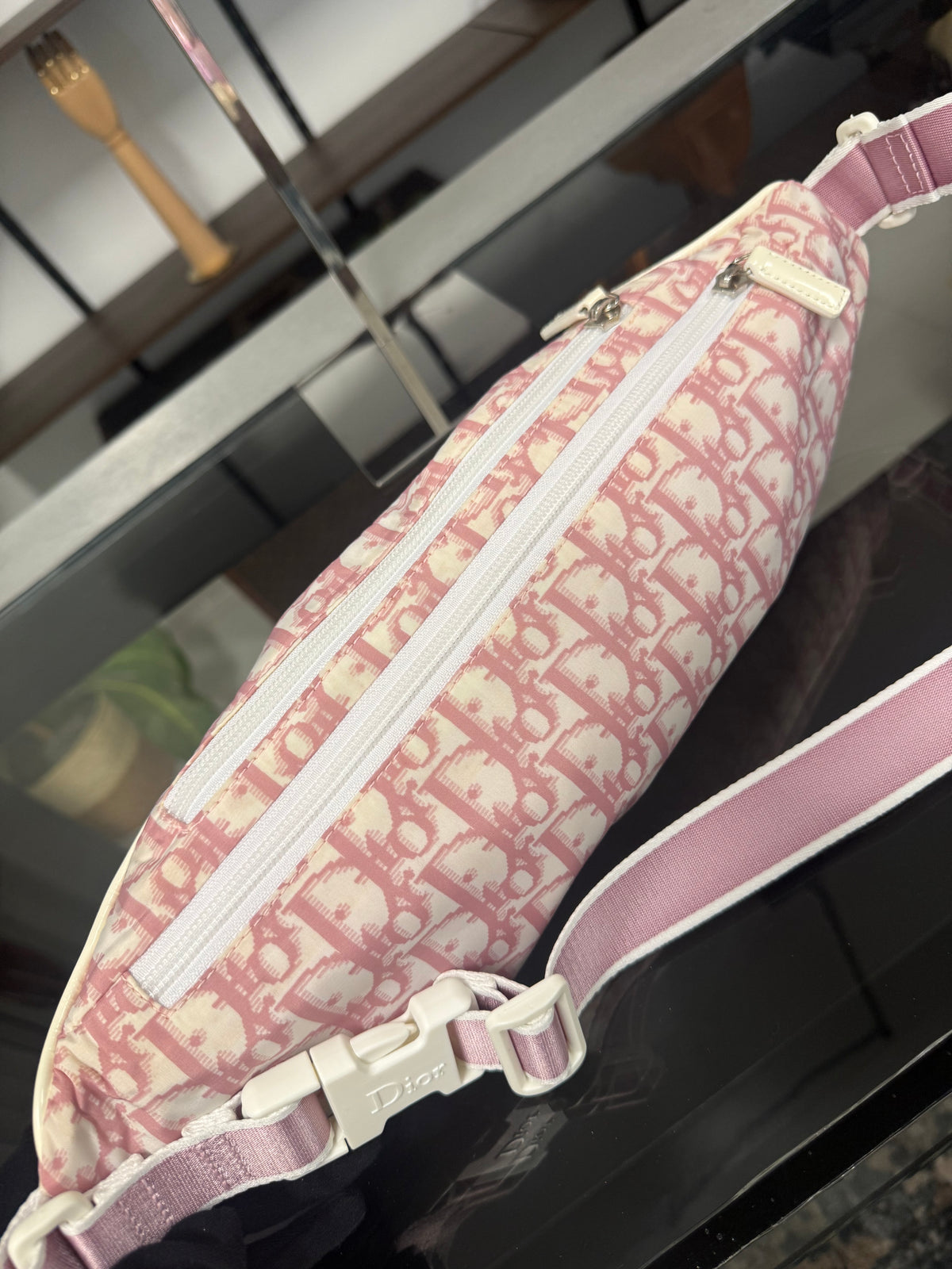 Vintage Christian Dior Trotter Pink and Cream Nylon Patent Leather Belt Bum Bag