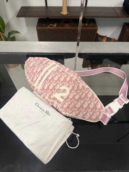 Vintage Christian Dior Trotter Pink and Cream Nylon Patent Leather Belt Bum Bag