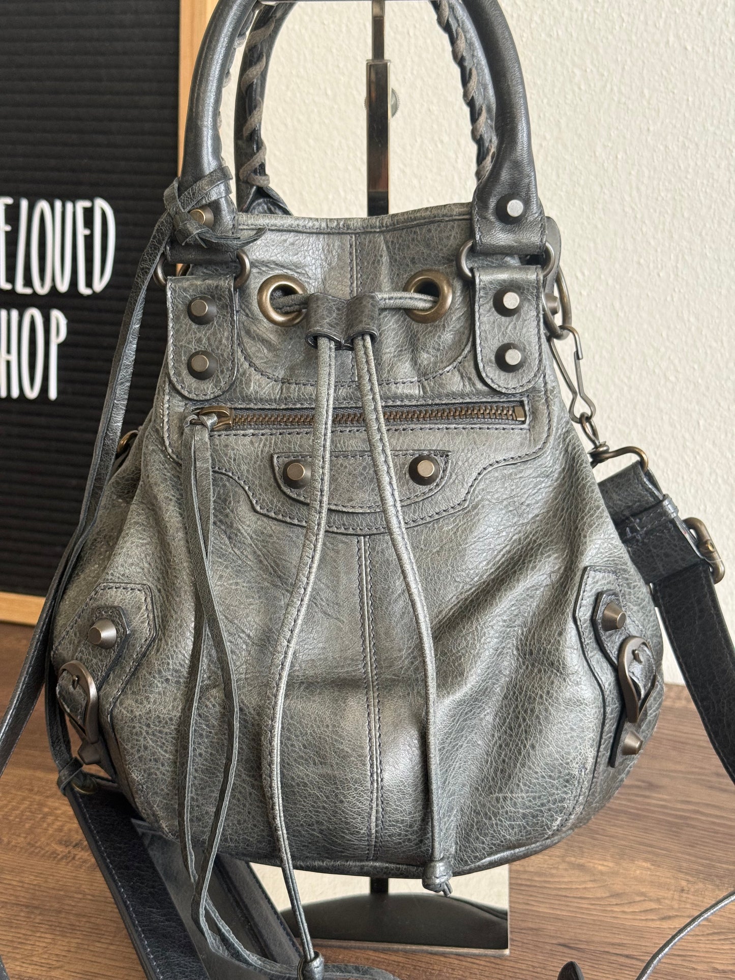 Balenciaga Classic Mini Pompon Leather 2way Bag Grey