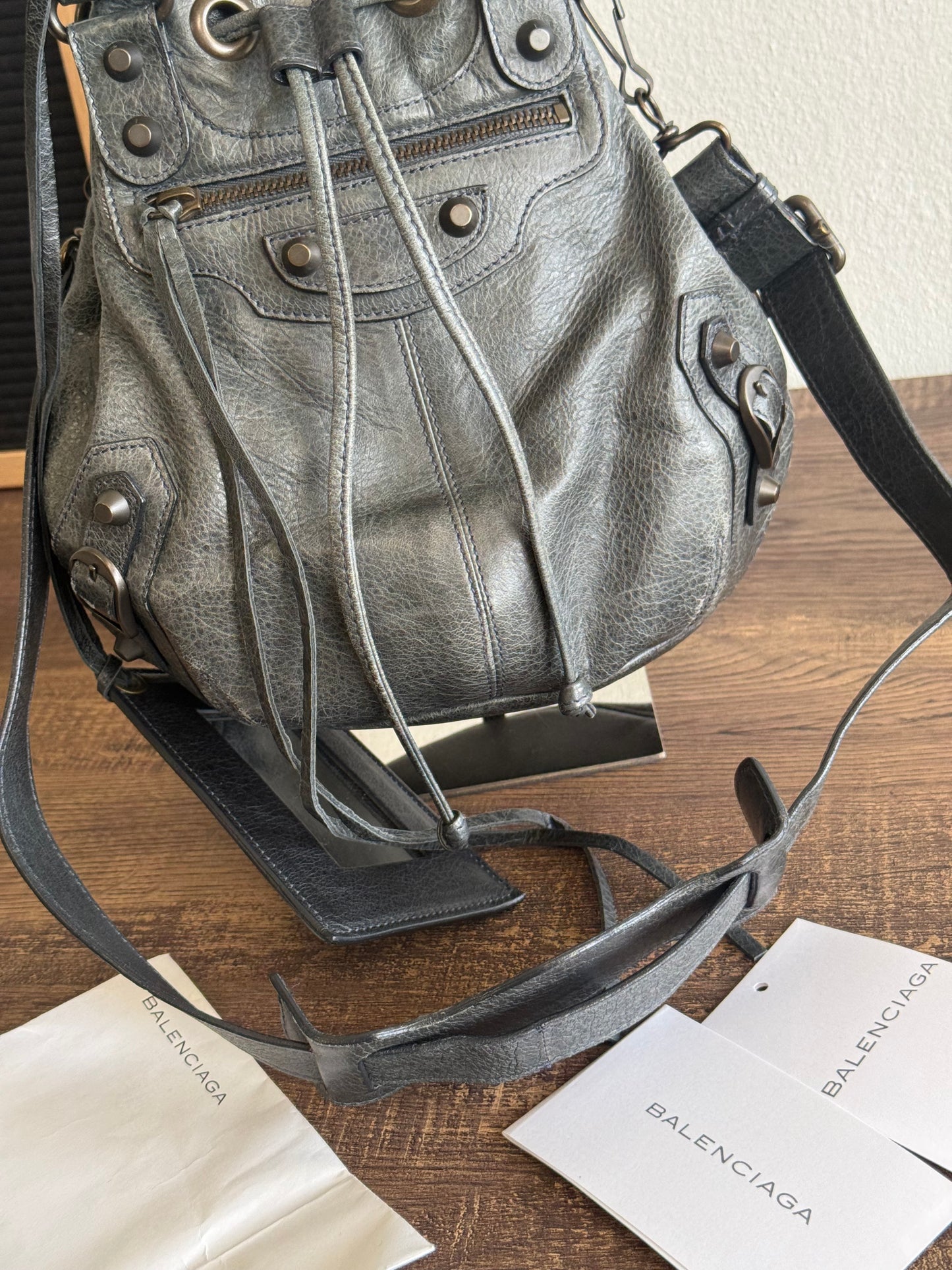 Balenciaga Classic Mini Pompon Leather 2way Bag Grey