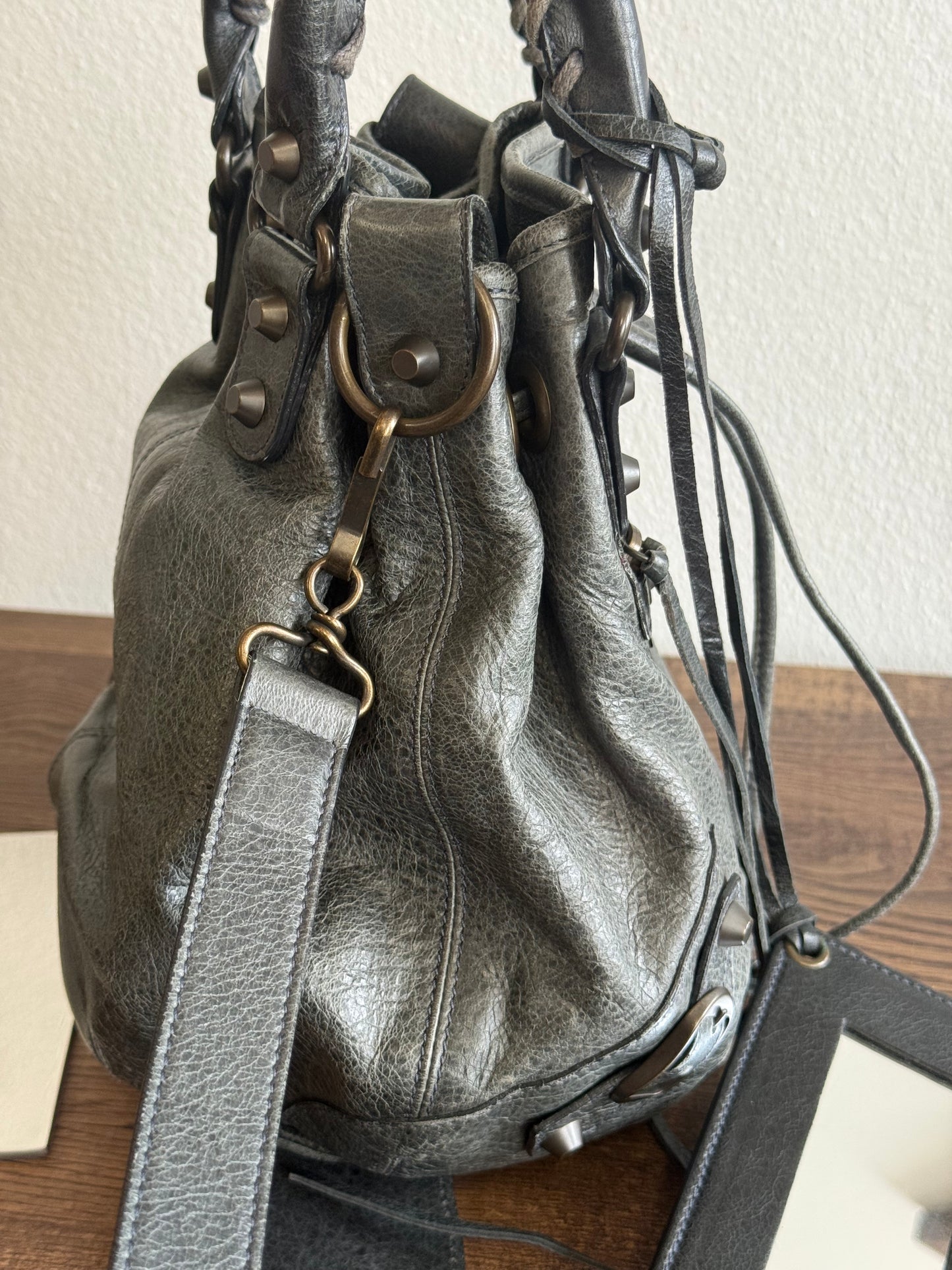 Balenciaga Classic Mini Pompon Leather 2way Bag Grey