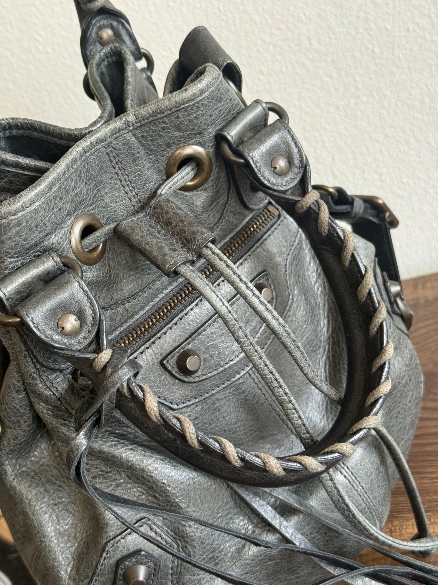 Balenciaga Classic Mini Pompon Leather 2way Bag Grey