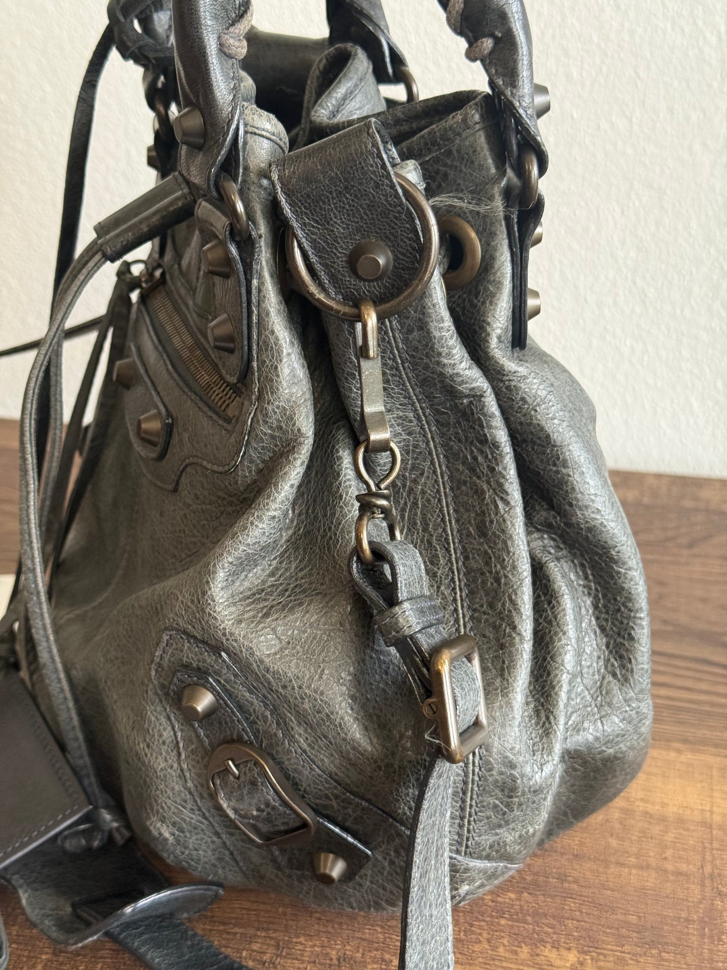 Balenciaga Classic Mini Pompon Leather 2way Bag Grey