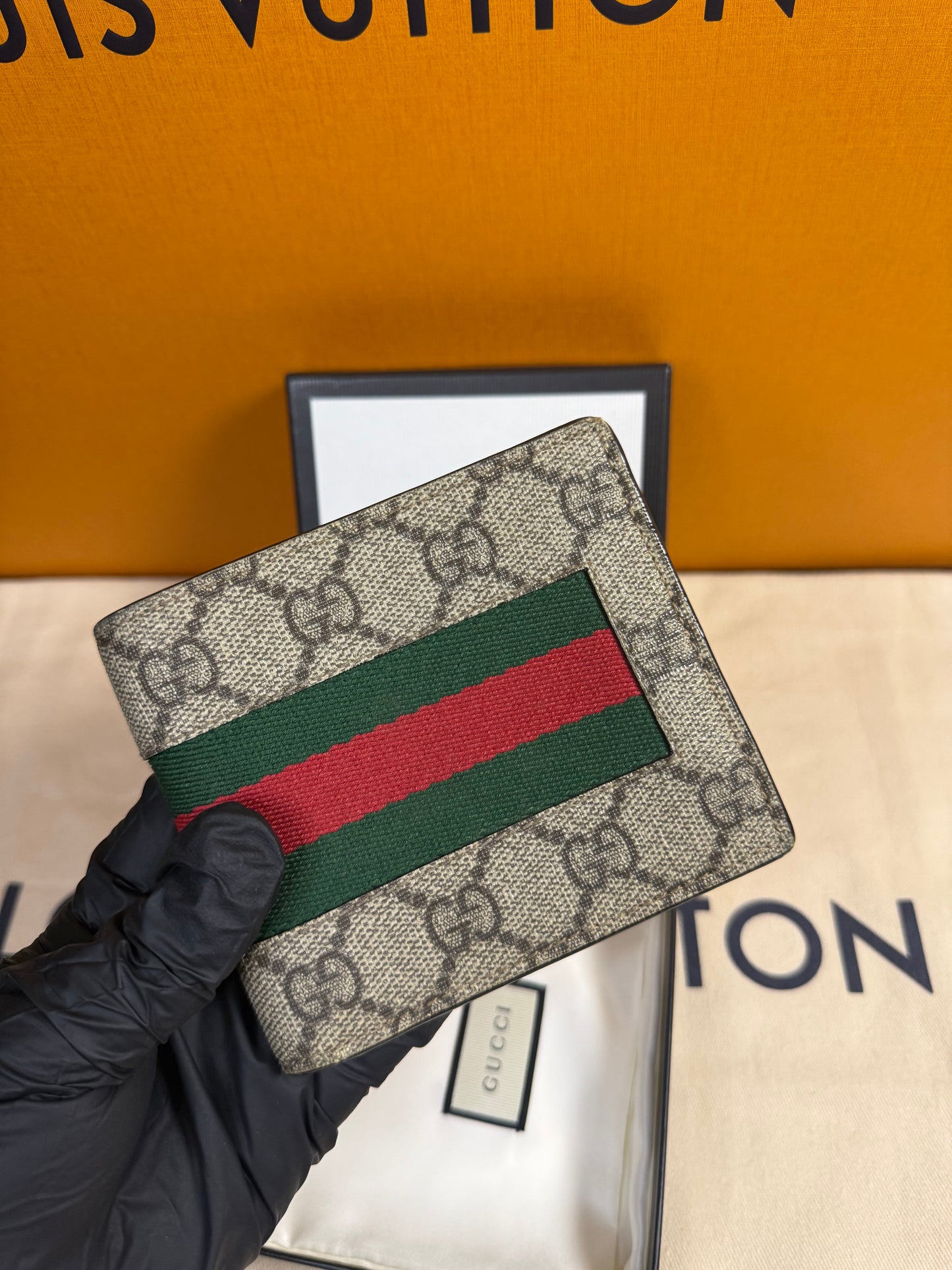 GUCCI GG SUPREME CANVAS LEATHER WEBSTRIPE BIFOLD WALLET