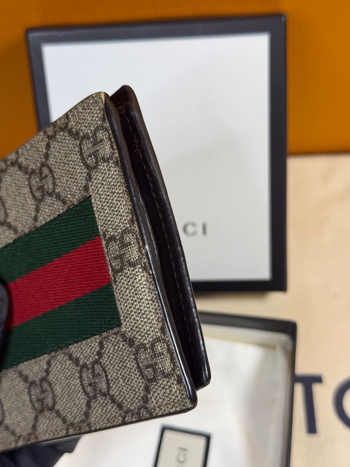GUCCI GG SUPREME CANVAS LEATHER WEBSTRIPE BIFOLD WALLET