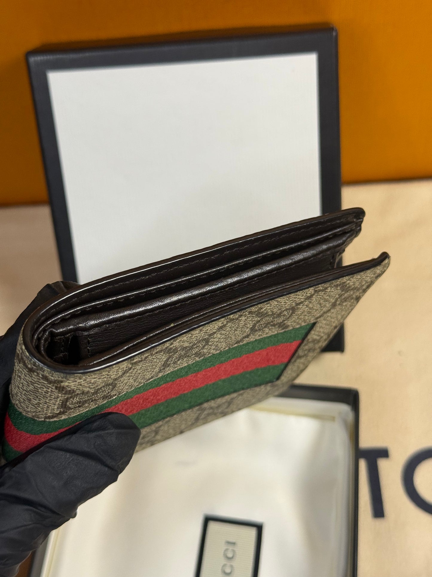 GUCCI GG SUPREME CANVAS LEATHER WEBSTRIPE BIFOLD WALLET