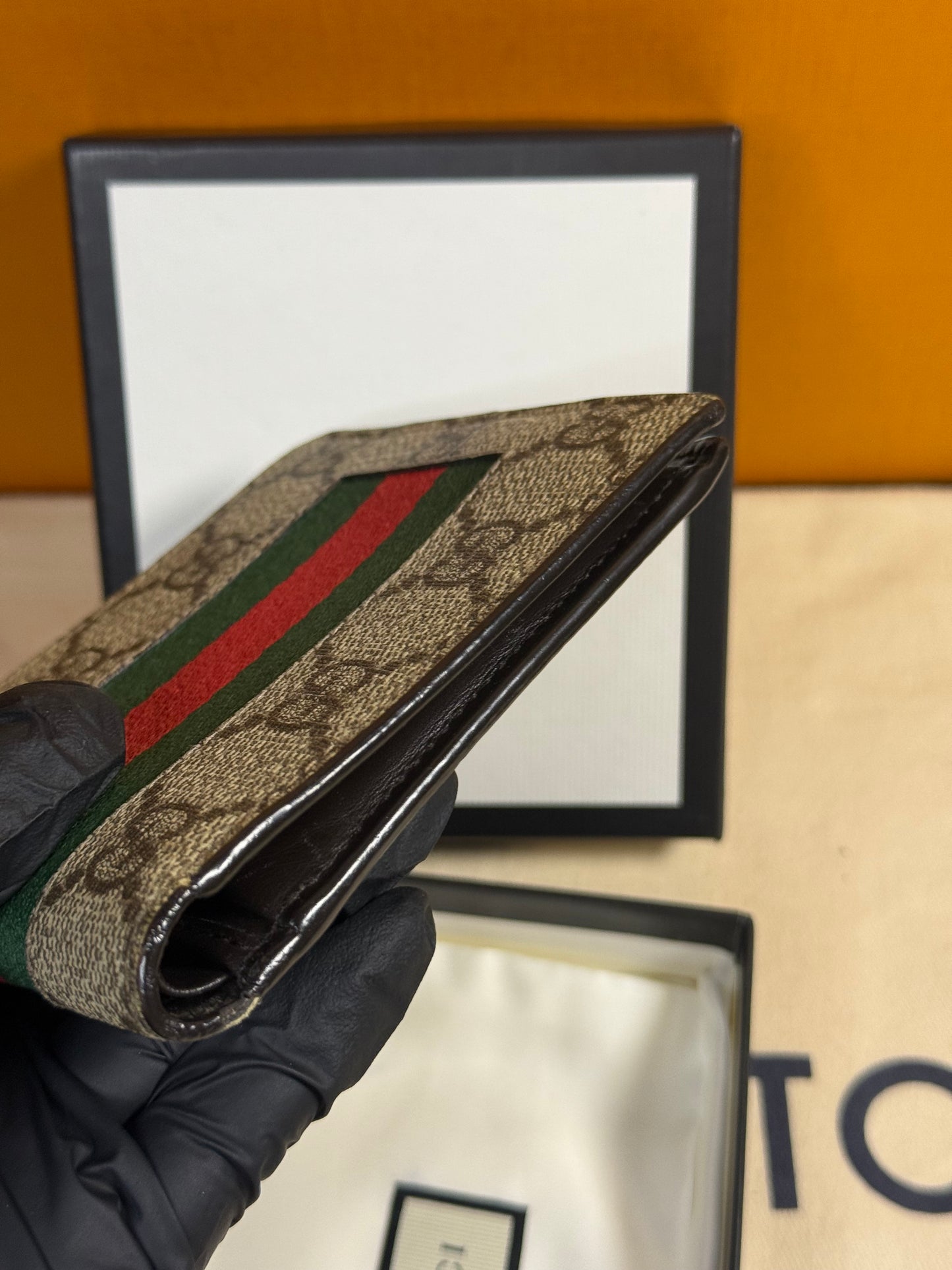 GUCCI GG SUPREME CANVAS LEATHER WEBSTRIPE BIFOLD WALLET