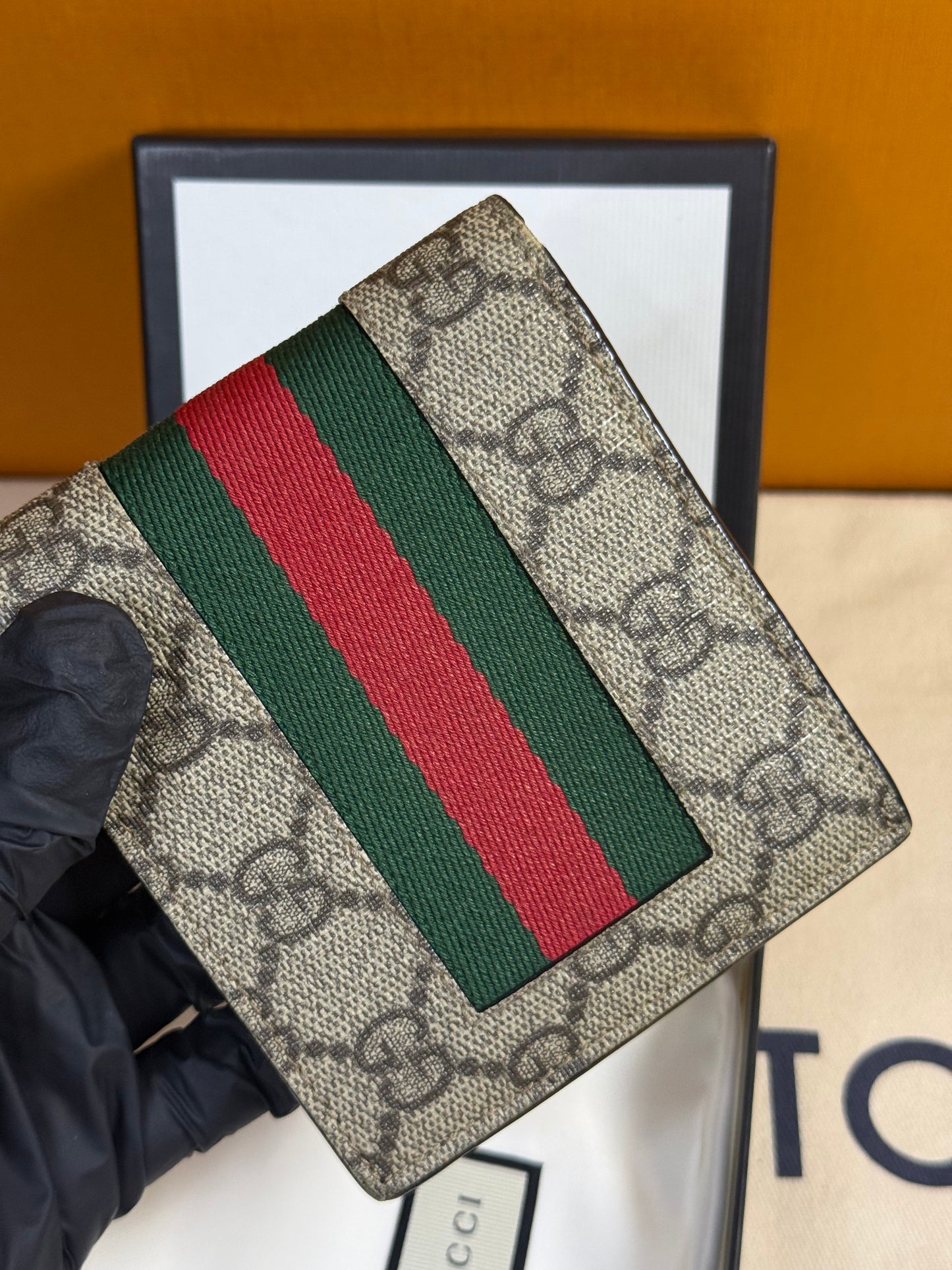 GUCCI GG SUPREME CANVAS LEATHER WEBSTRIPE BIFOLD WALLET