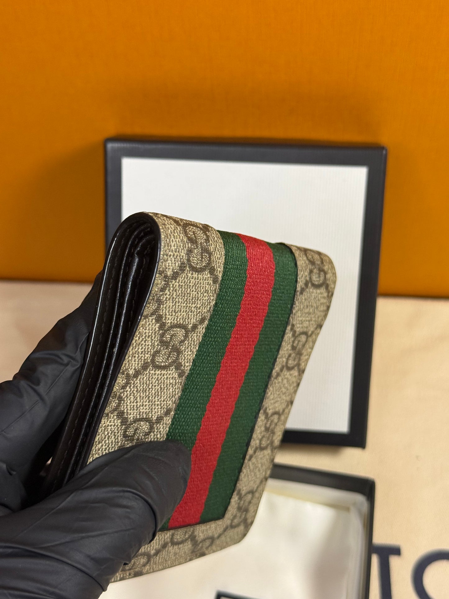 GUCCI GG SUPREME CANVAS LEATHER WEBSTRIPE BIFOLD WALLET