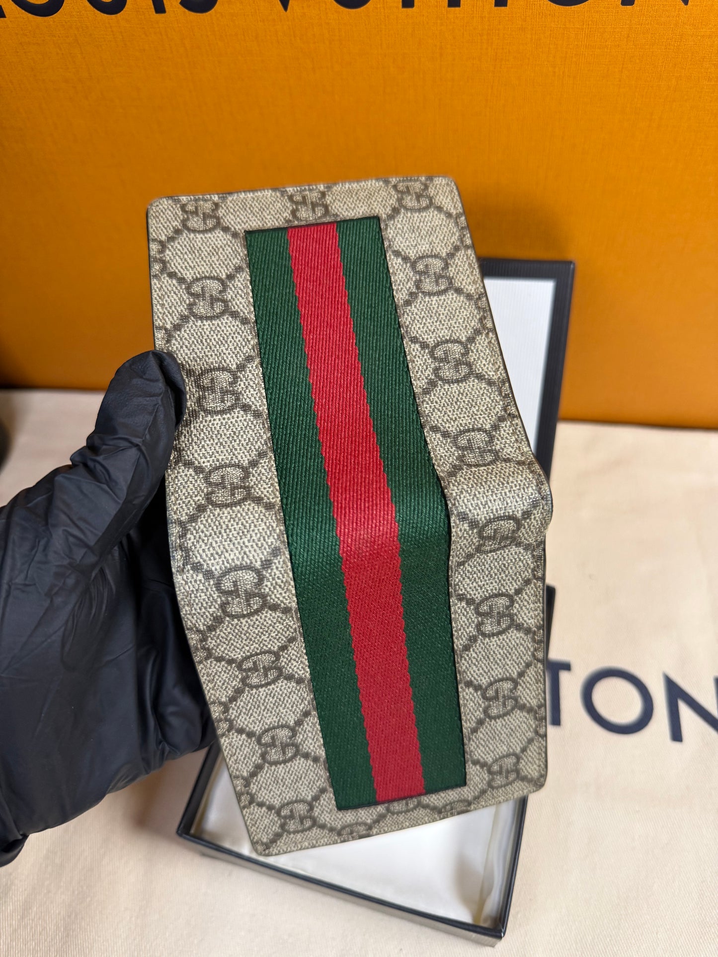 GUCCI GG SUPREME CANVAS LEATHER WEBSTRIPE BIFOLD WALLET