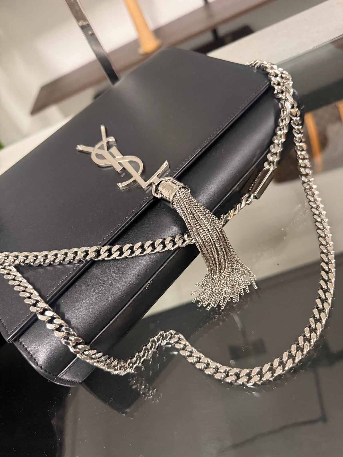 SAINT LAURENT Kate Tassel Medium Shoulder Bag Black Leather YSL