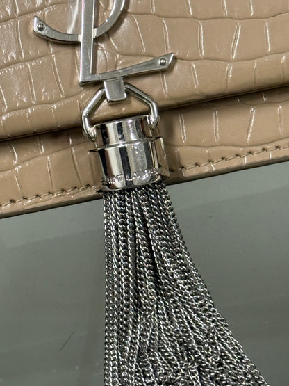 Saint Laurent Kate Tassel croc-embossed wallet on chain in beige calfskin - YSL