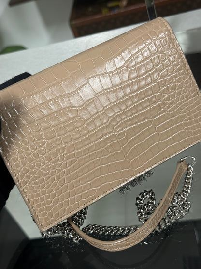 Saint Laurent Kate Tassel croc-embossed wallet on chain in beige calfskin - YSL