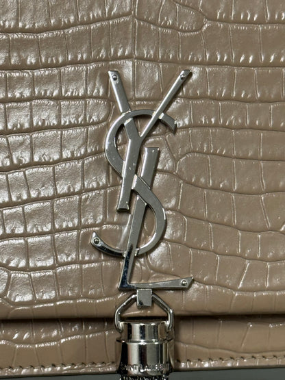 Saint Laurent Kate Tassel croc-embossed wallet on chain in beige calfskin - YSL