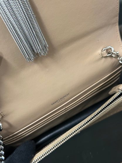 Saint Laurent Kate Tassel croc-embossed wallet on chain in beige calfskin - YSL