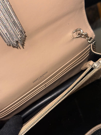 Saint Laurent Kate Tassel croc-embossed wallet on chain in beige calfskin - YSL