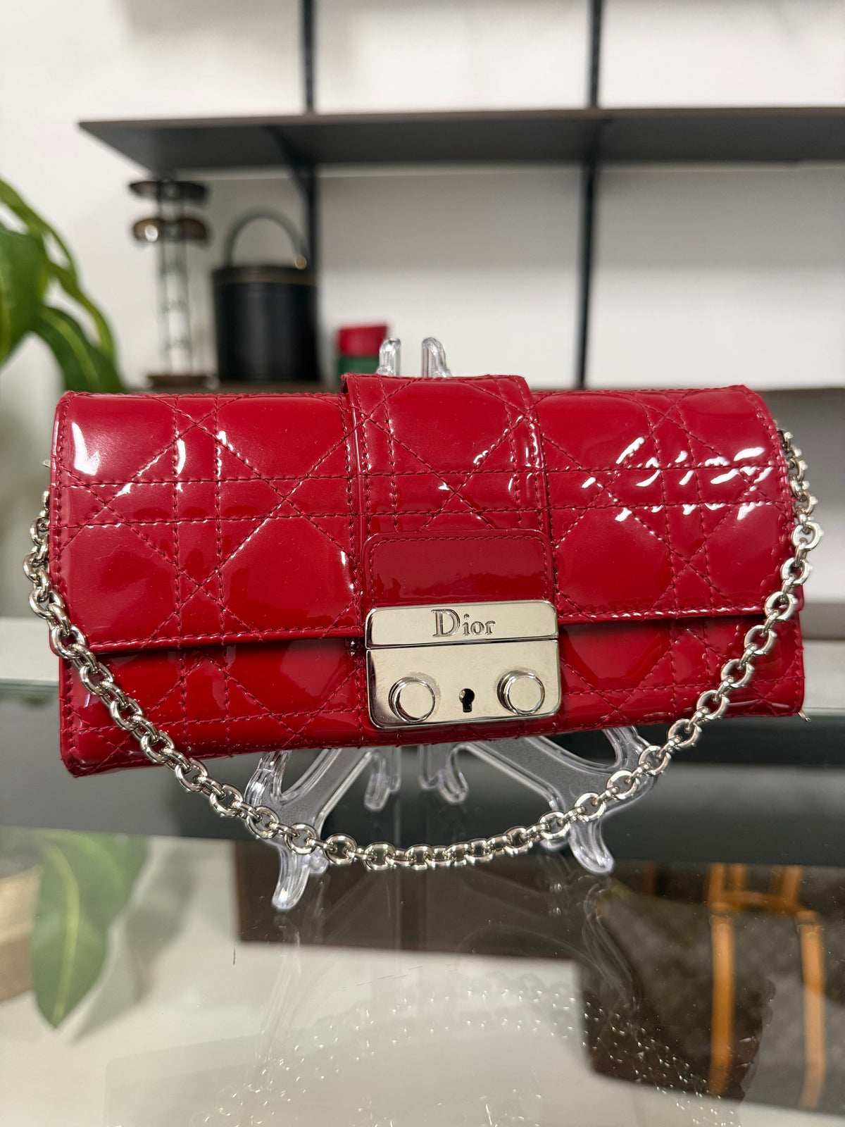 Christian Dior Miss Dior Cannage Patent Leather Chain Wallet in Red