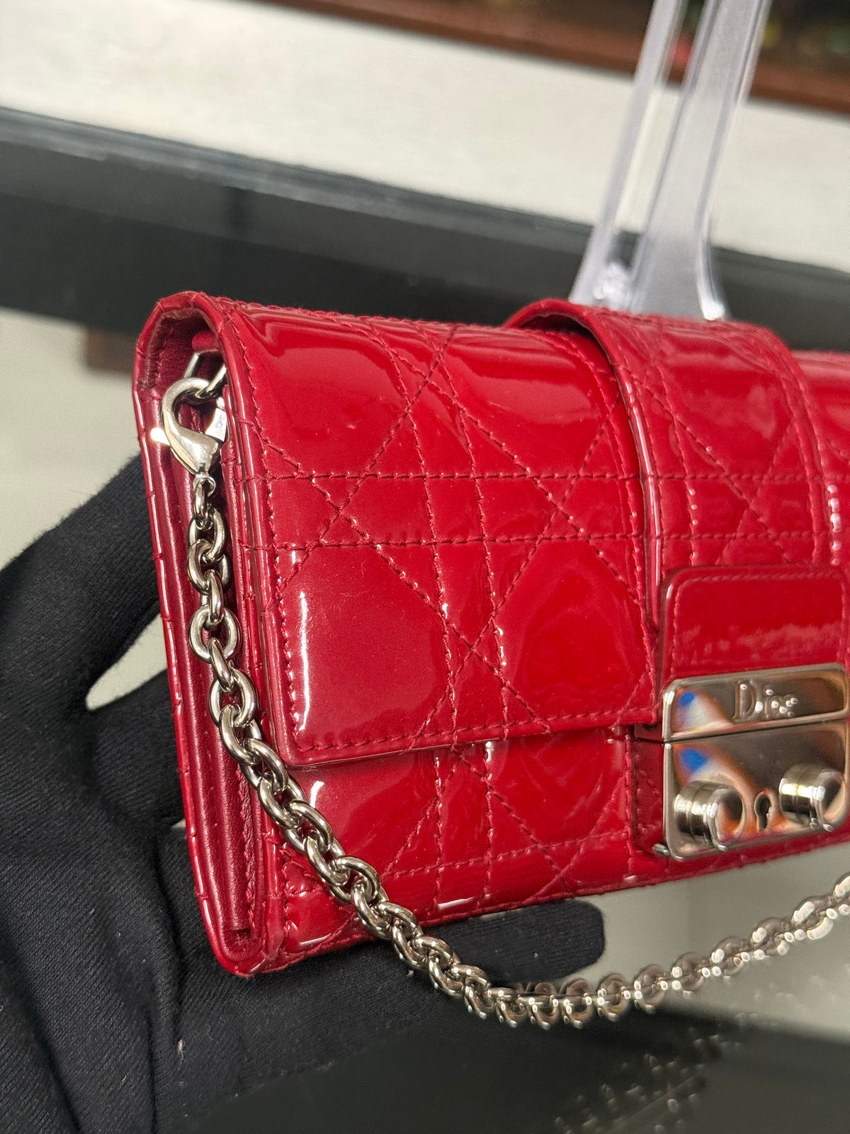 Christian Dior Miss Dior Cannage Patent Leather Chain Wallet in Red