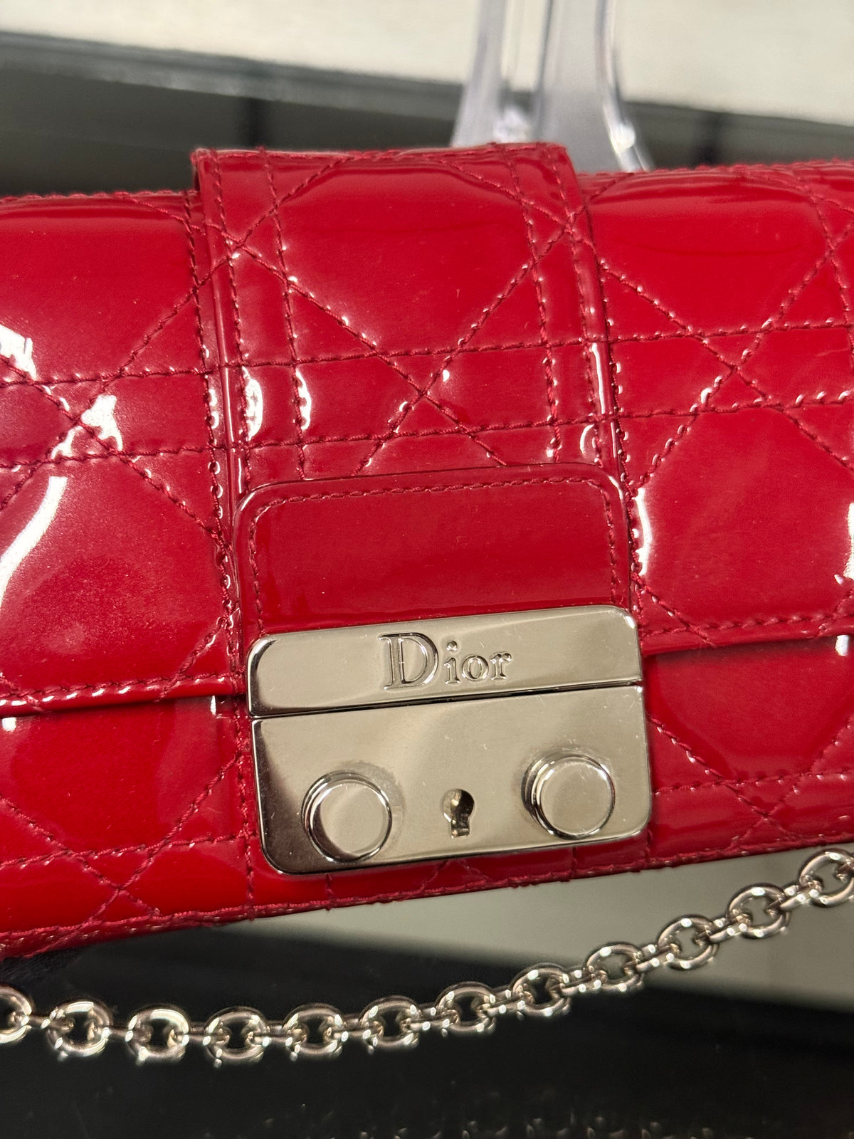 Christian Dior Miss Dior Cannage Patent Leather Chain Wallet in Red