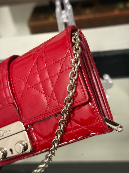 Christian Dior Miss Dior Cannage Patent Leather Chain Wallet in Red