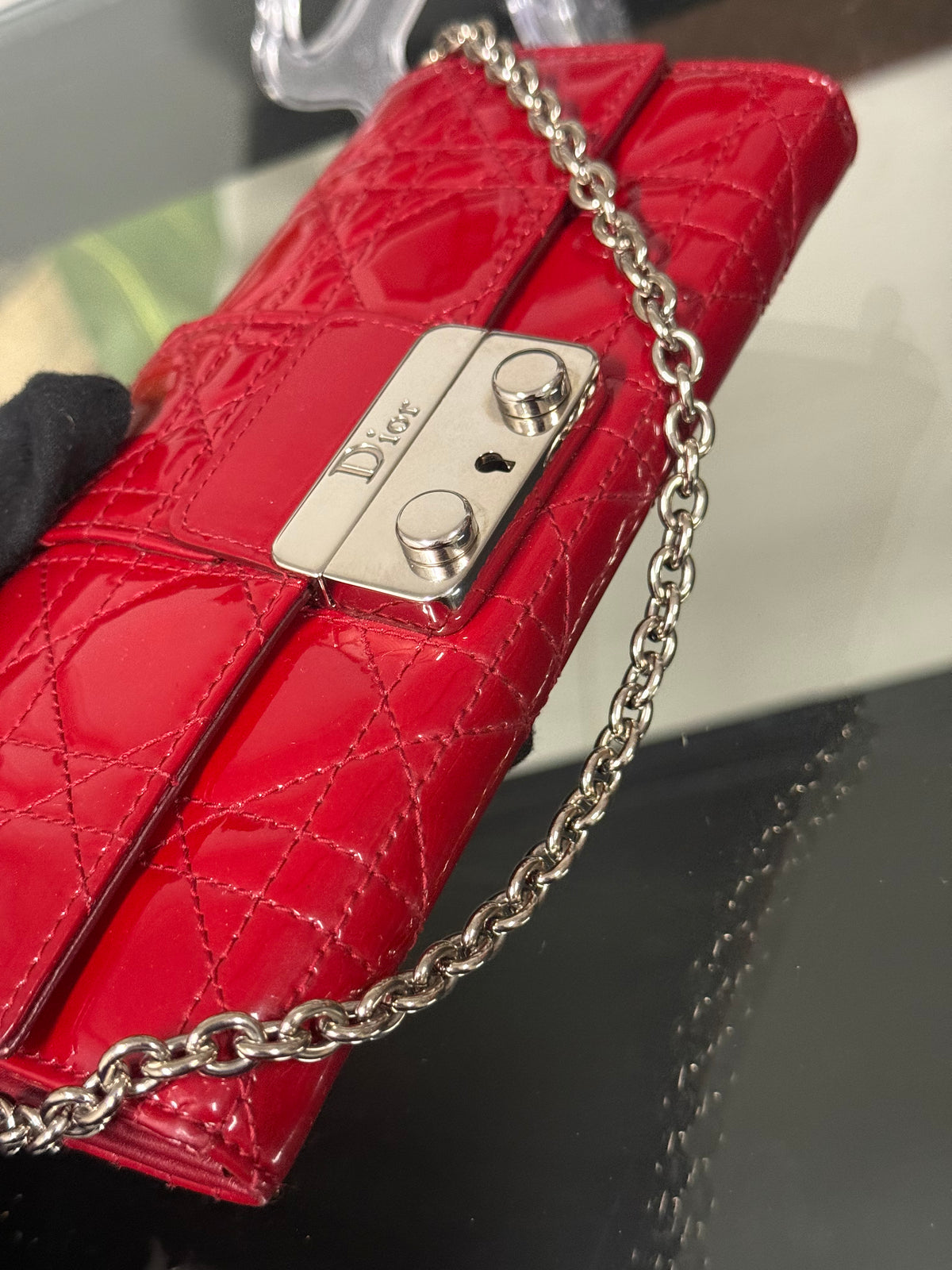 Christian Dior Miss Dior Cannage Patent Leather Chain Wallet in Red