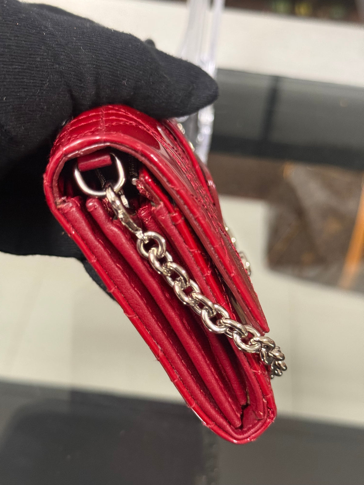 Christian Dior Miss Dior Cannage Patent Leather Chain Wallet in Red