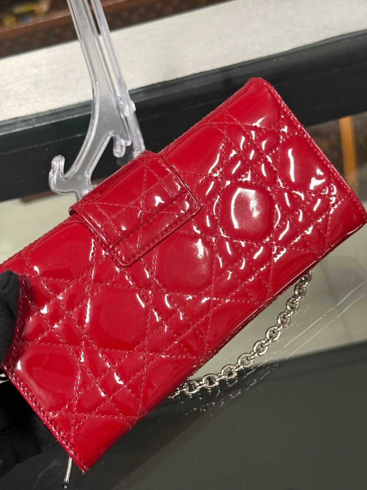 Christian Dior Miss Dior Cannage Patent Leather Chain Wallet in Red