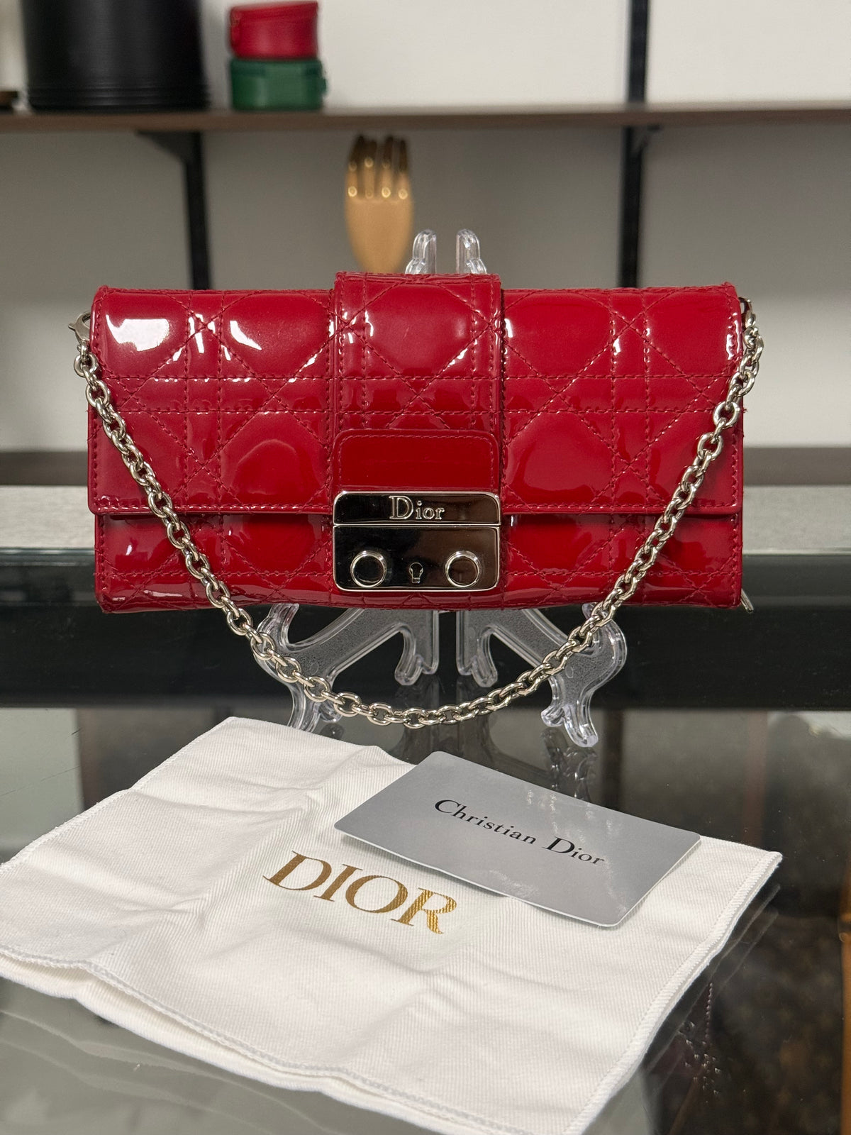 Christian Dior Miss Dior Cannage Patent Leather Chain Wallet in Red