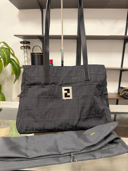 Vintage Fendi Zucca FF Monogram Black Canvas Leather Shoulder Tote Bag