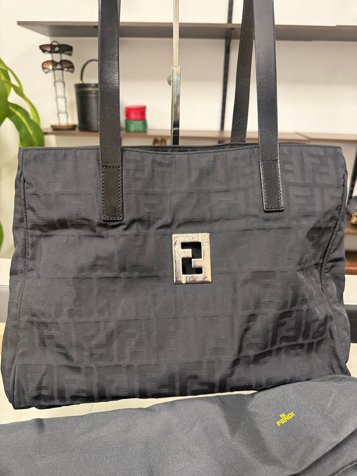 Vintage Fendi Zucca FF Monogram Black Canvas Leather Shoulder Tote Bag