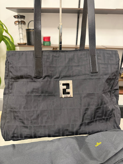 Vintage Fendi Zucca FF Monogram Black Canvas Leather Shoulder Tote Bag