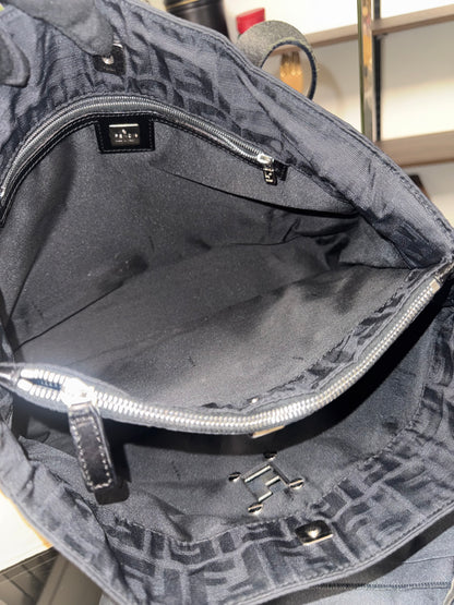 Vintage Fendi Zucca FF Monogram Black Canvas Leather Shoulder Tote Bag