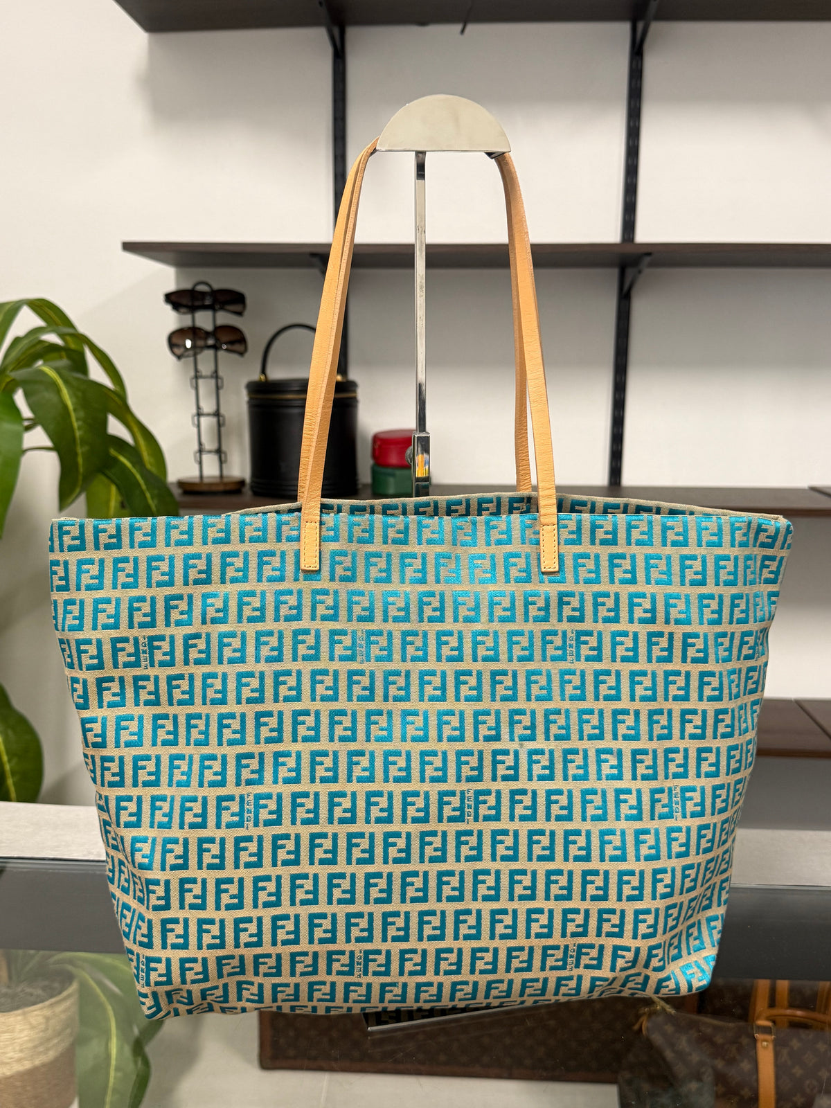 Fendi Vintage Roll Zucchino FF Jacquard Tote Bag in Blue Cream