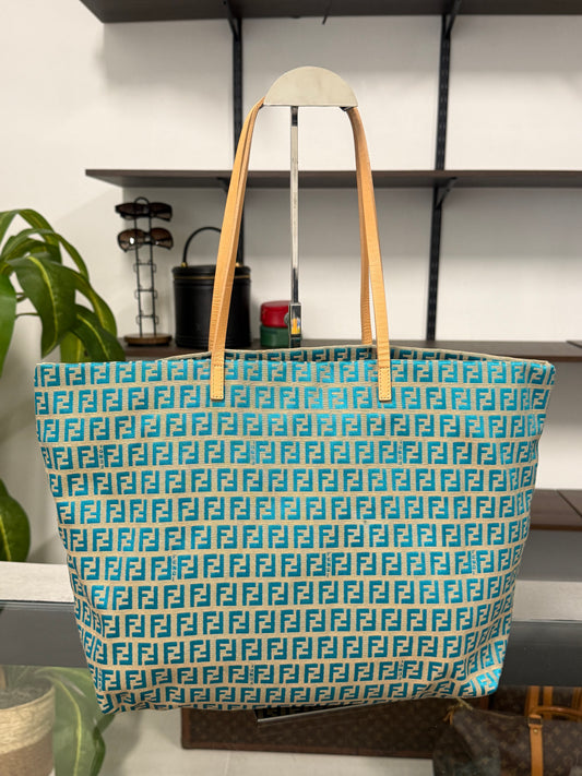 Fendi Vintage Roll Zucchino FF Jacquard Tote Bag in Blue Cream