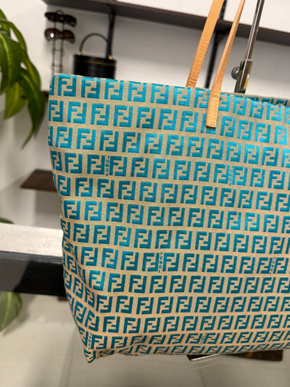 Fendi Vintage Roll Zucchino FF Jacquard Tote Bag in Blue Cream