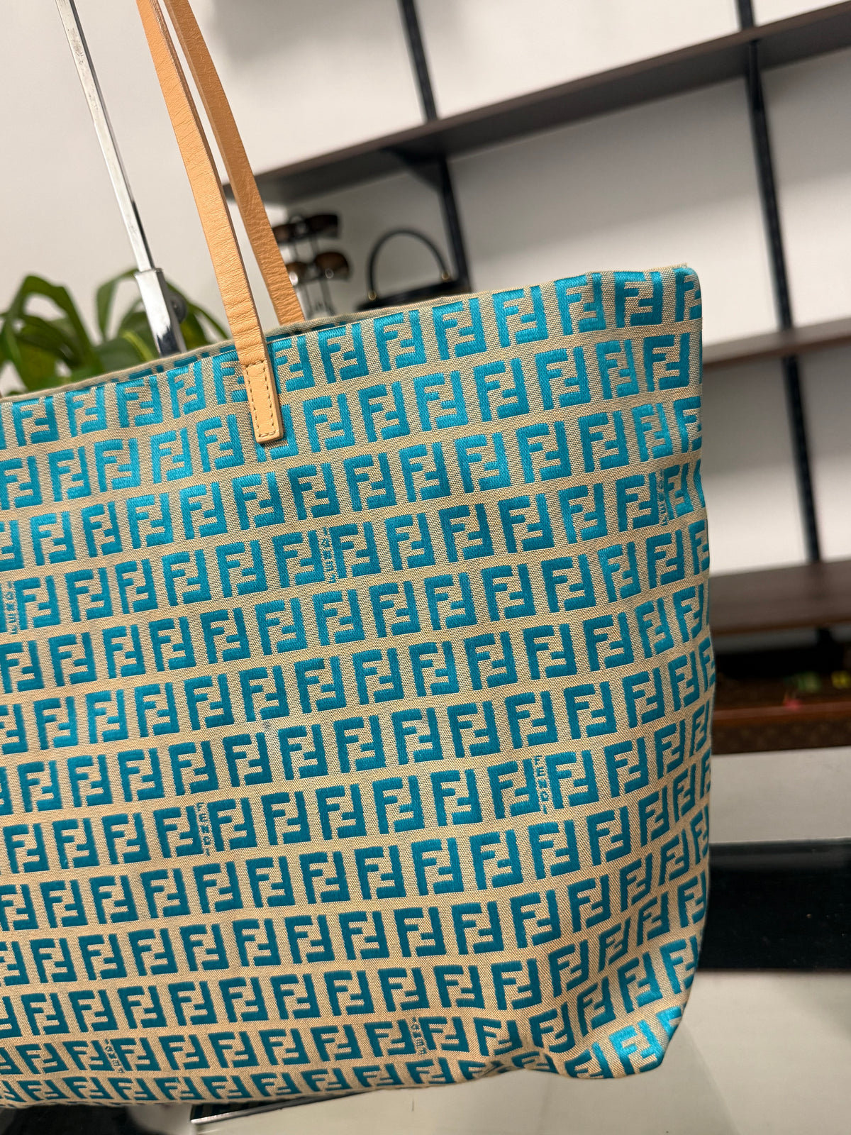 Fendi Vintage Roll Zucchino FF Jacquard Tote Bag in Blue Cream