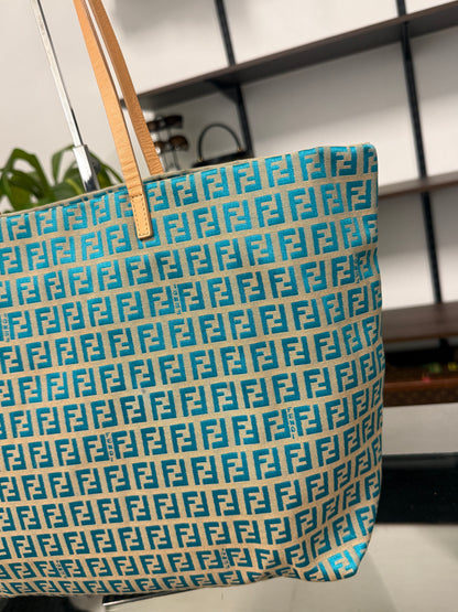 Fendi Vintage Roll Zucchino FF Jacquard Tote Bag in Blue Cream