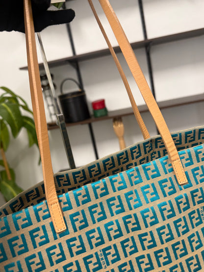 Fendi Vintage Roll Zucchino FF Jacquard Tote Bag in Blue Cream