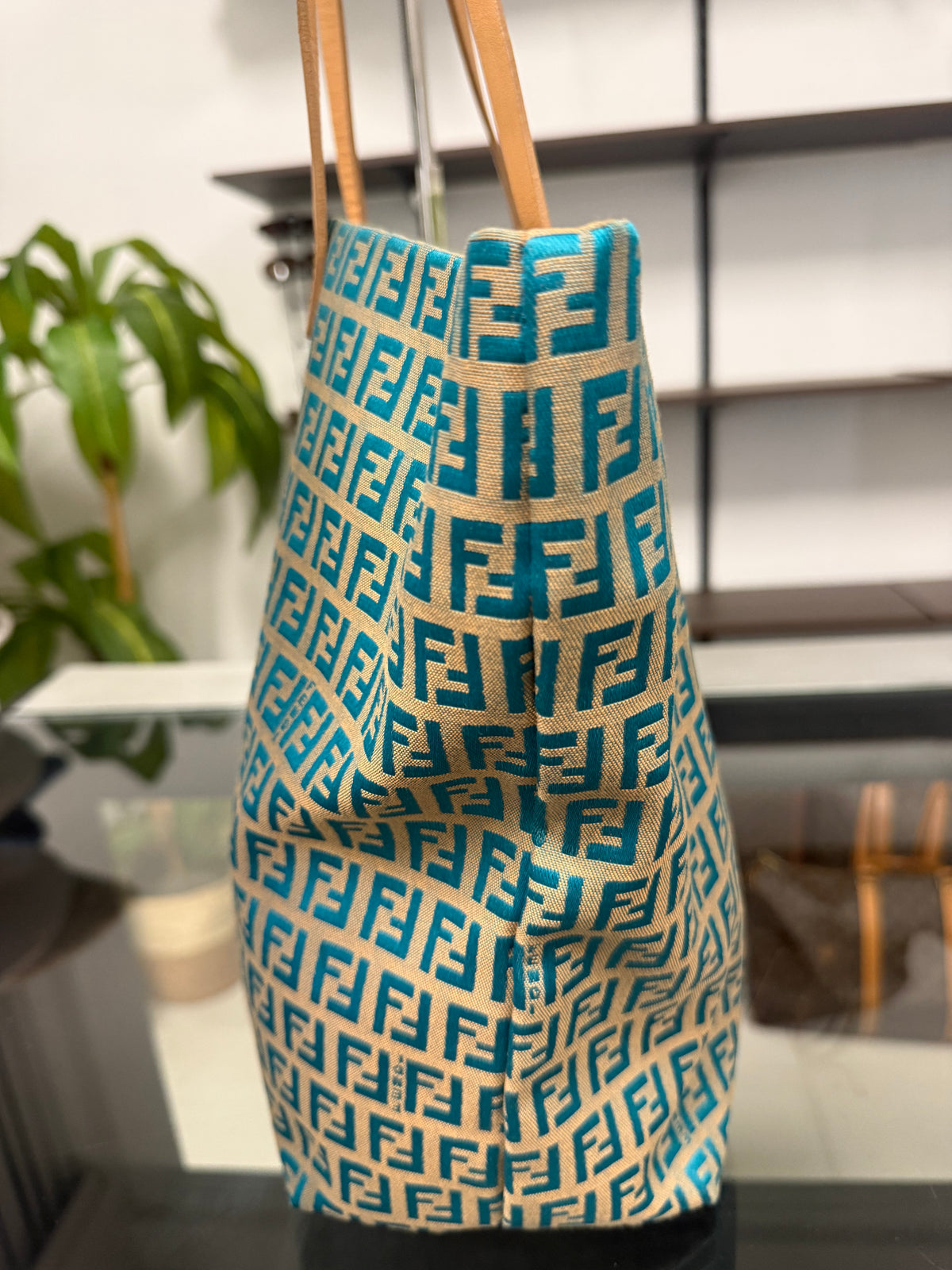 Fendi Vintage Roll Zucchino FF Jacquard Tote Bag in Blue Cream