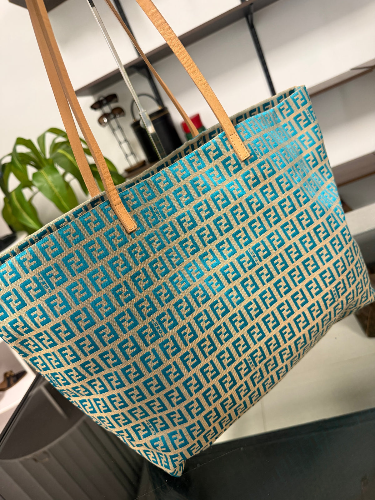 Fendi Vintage Roll Zucchino FF Jacquard Tote Bag in Blue Cream