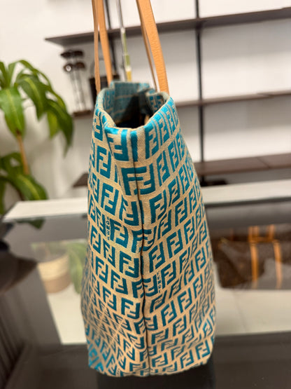 Fendi Vintage Roll Zucchino FF Jacquard Tote Bag in Blue Cream