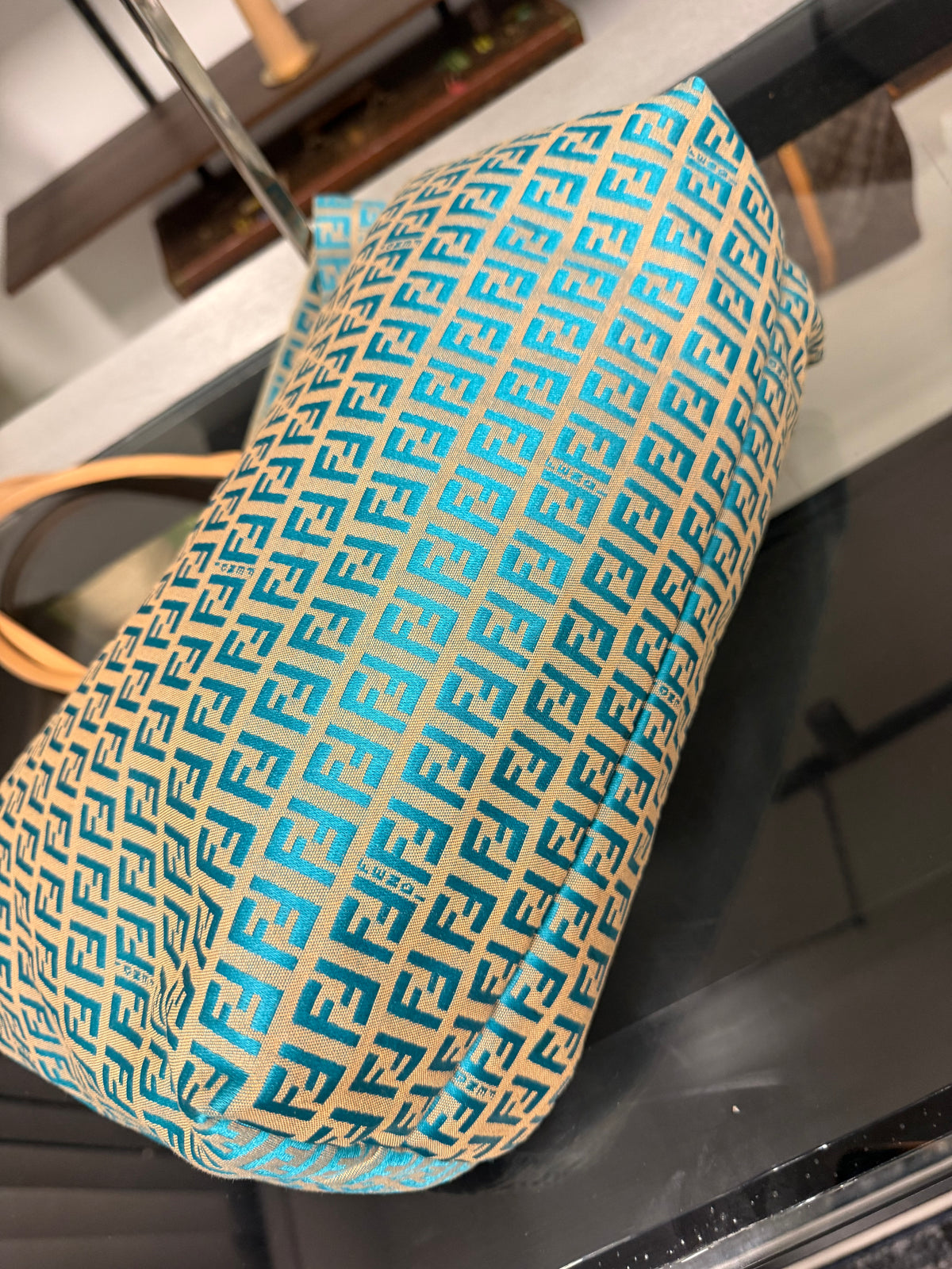 Fendi Vintage Roll Zucchino FF Jacquard Tote Bag in Blue Cream