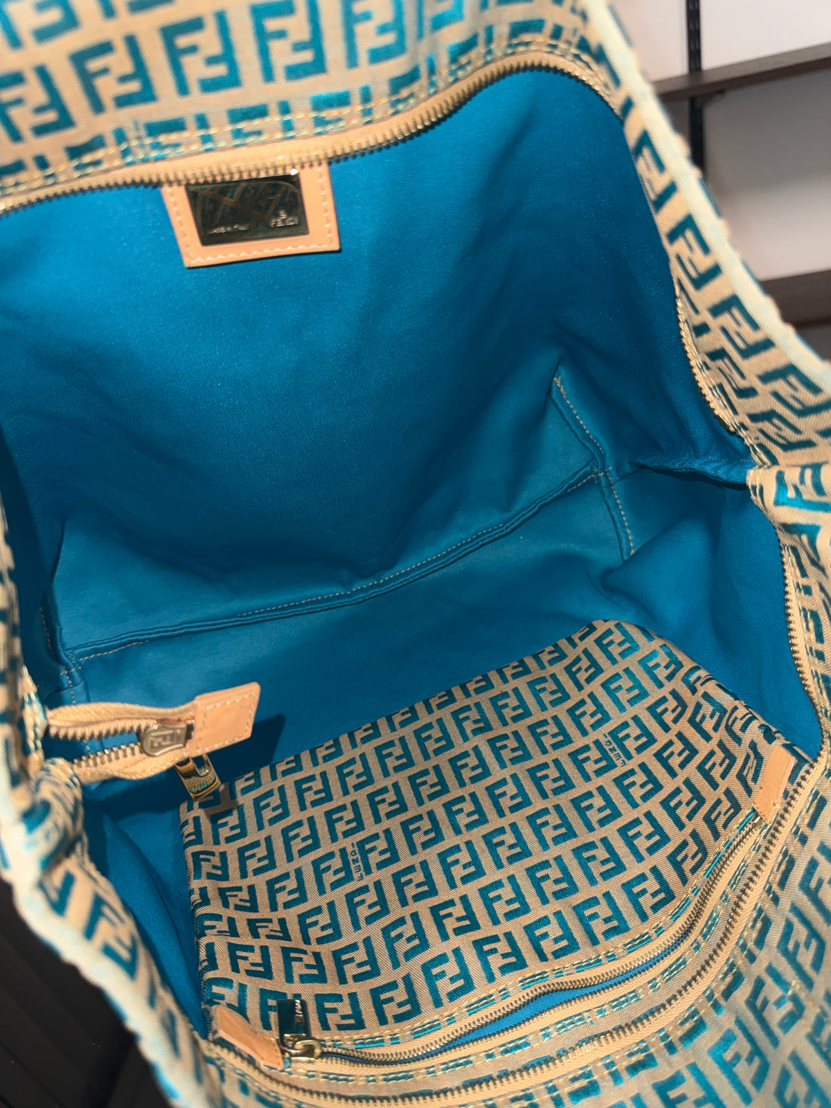 Fendi Vintage Roll Zucchino FF Jacquard Tote Bag in Blue Cream