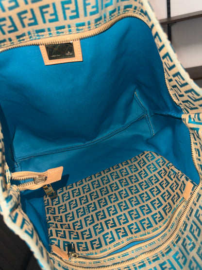 Fendi Vintage Roll Zucchino FF Jacquard Tote Bag in Blue Cream