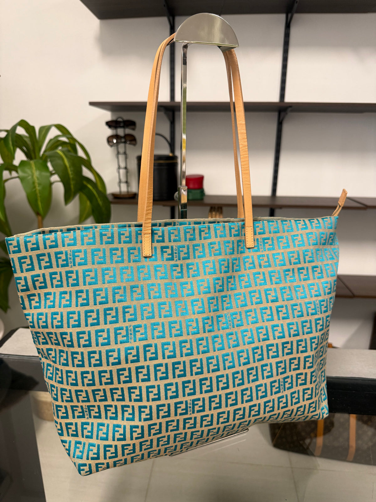 Fendi Vintage Roll Zucchino FF Jacquard Tote Bag in Blue Cream