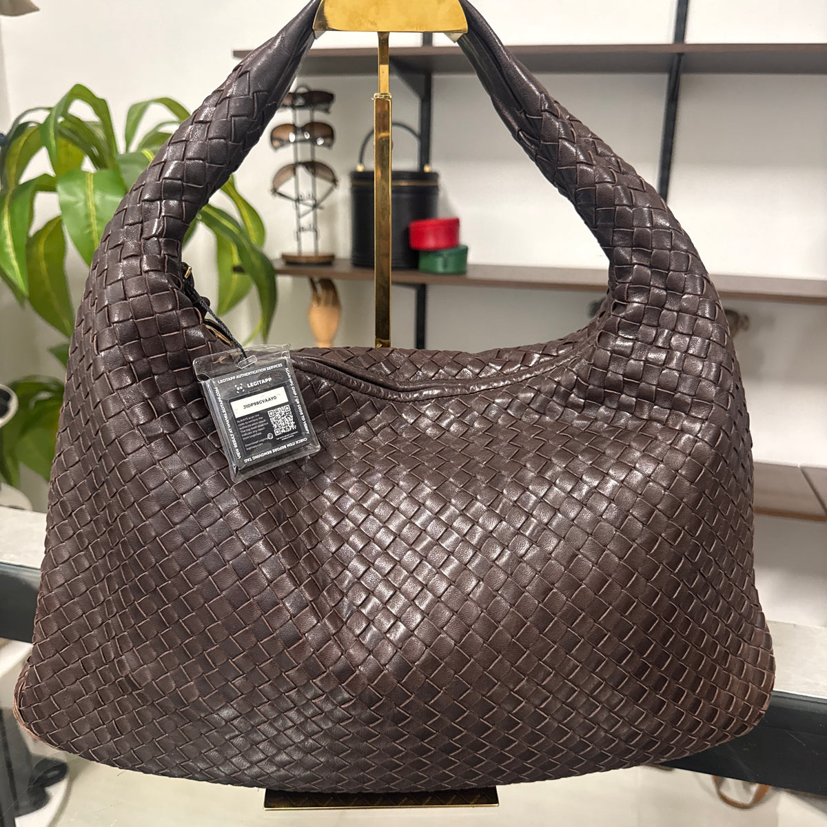Intrecciato Medium Hobo Dark Brown Shoulder Bag Nappa Leather