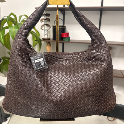 Intrecciato Medium Hobo Dark Brown Shoulder Bag Nappa Leather